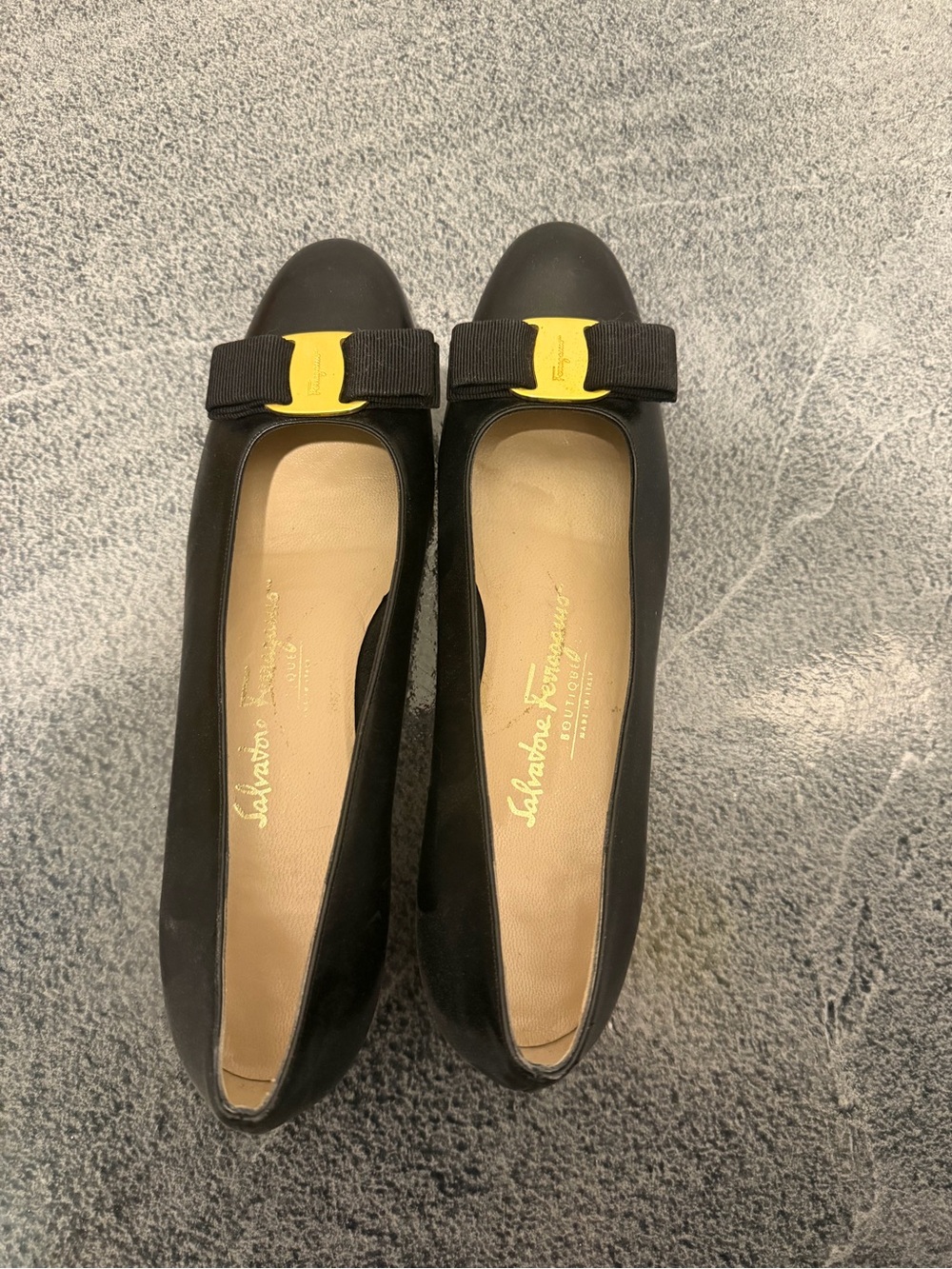 Salvatore Ferragamo Black Leather Vara Ribbon Flats with Gold Plaque